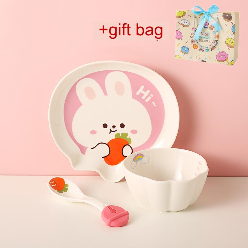 Children's Dinnerware Set with Cartoon Rabbit Design - Plates, Bowls, Cups & Utensils, Multiple Pieces