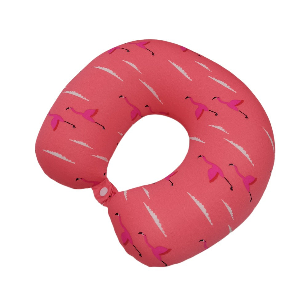 Travel Neck Pillow with Flamingo Print - Micro Bead U-Shape Support for Airplane, Car, Office, Pink & Blue
