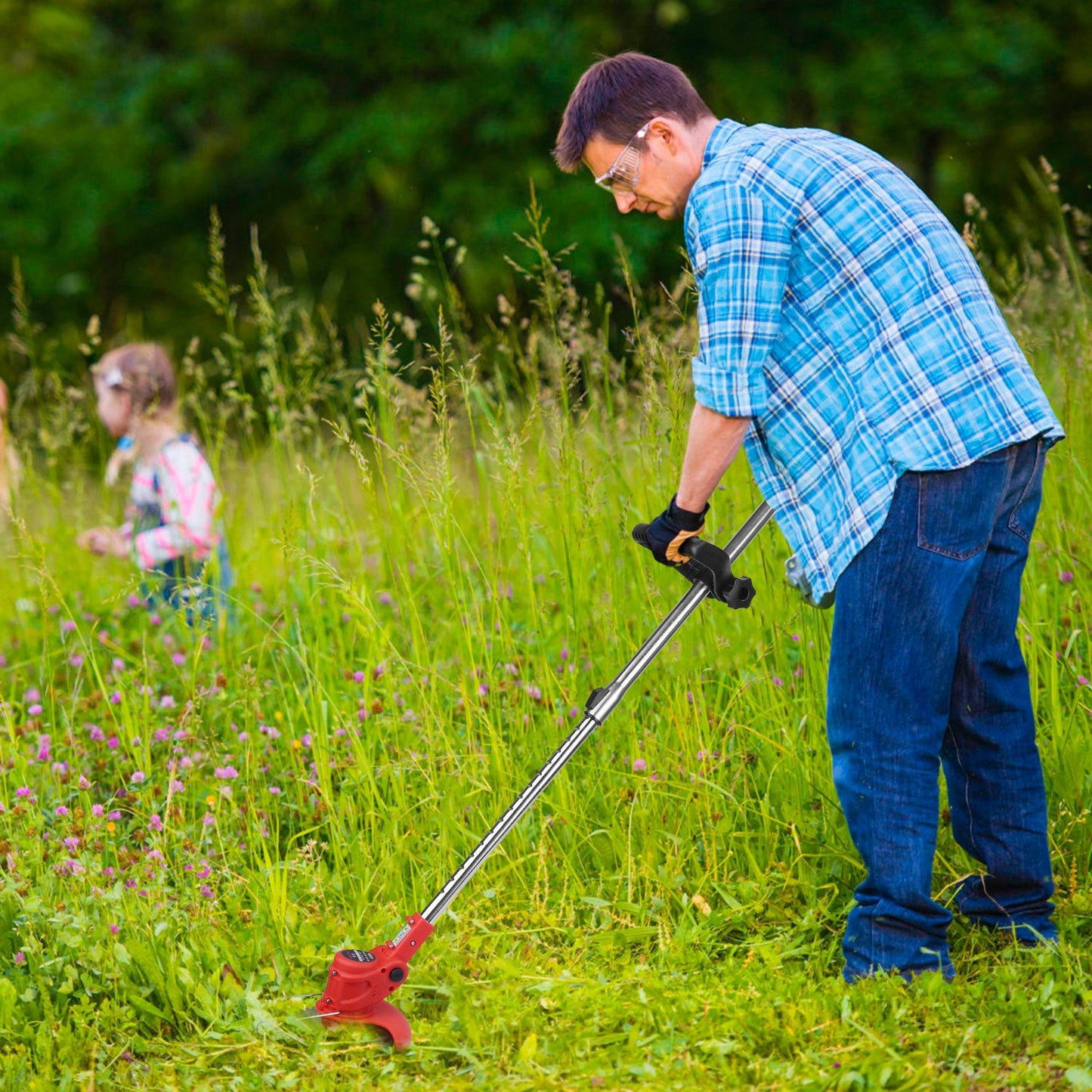 Adjustable Telescopic Weed Trimmer with Power & Safety Features - Cordless Garden Tool