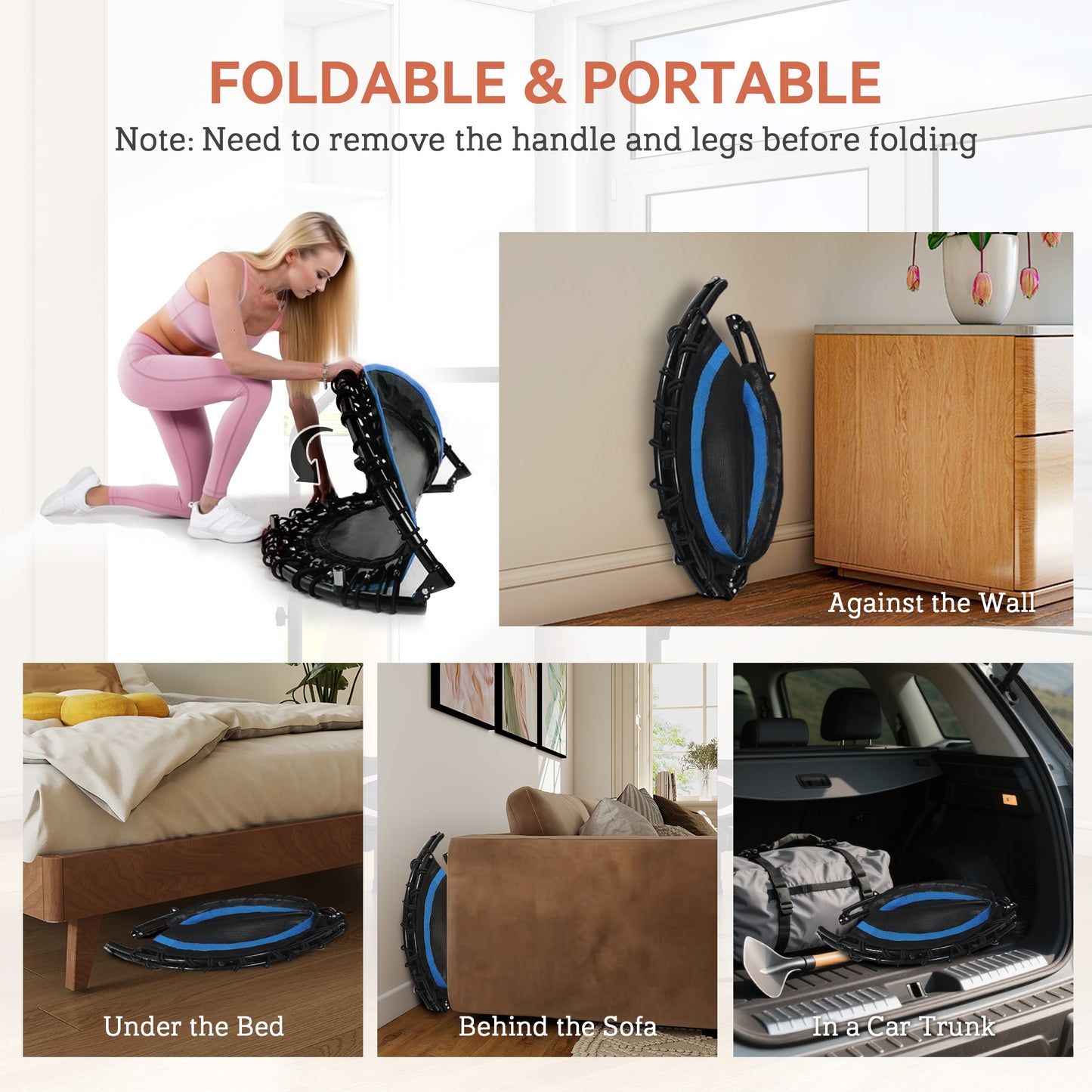 45" Foldable Mini Trampoline for Adults with Adjustable Handle - Blue