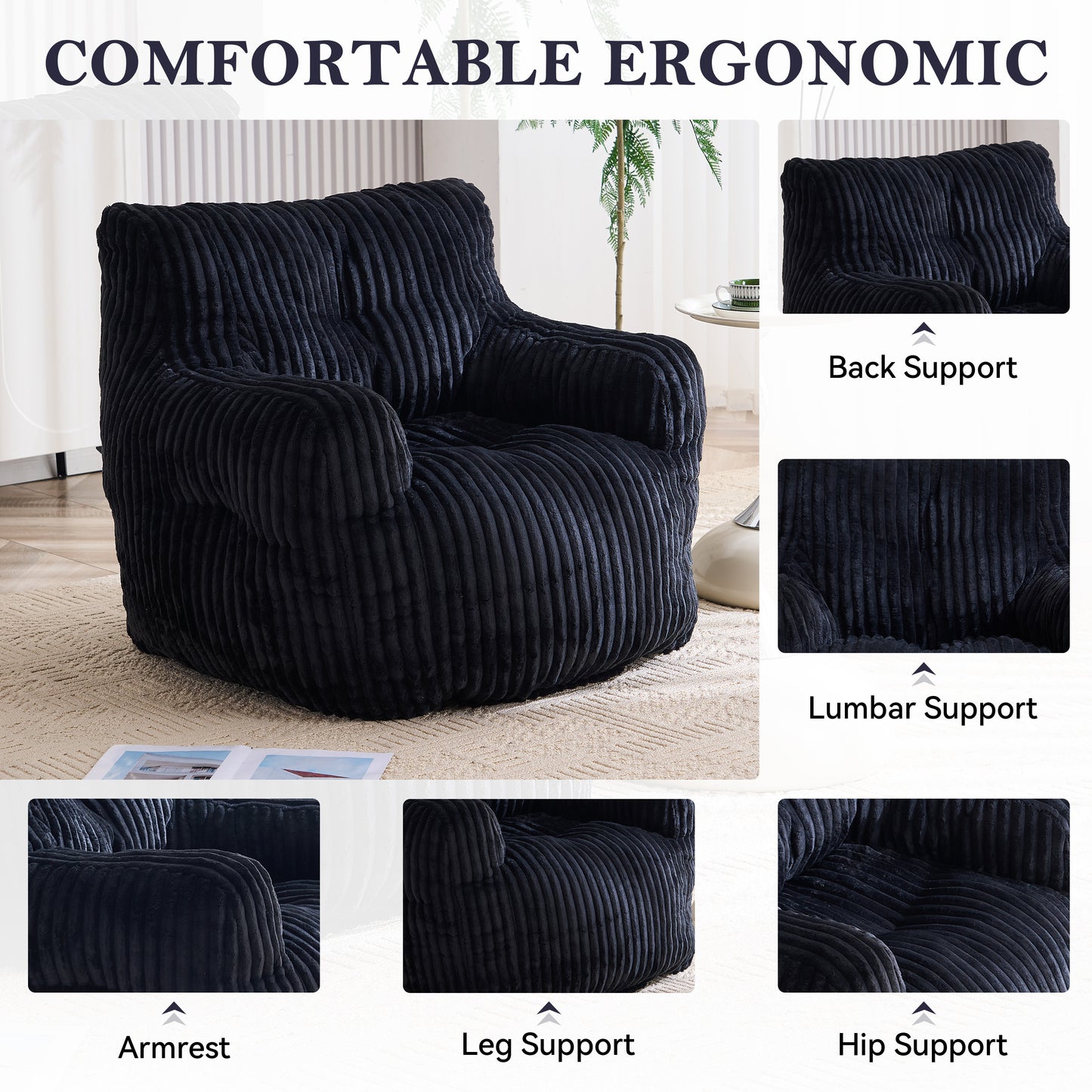 Soft Fluffy Corduroy Bean Bag Chair with Memory Foam - Black