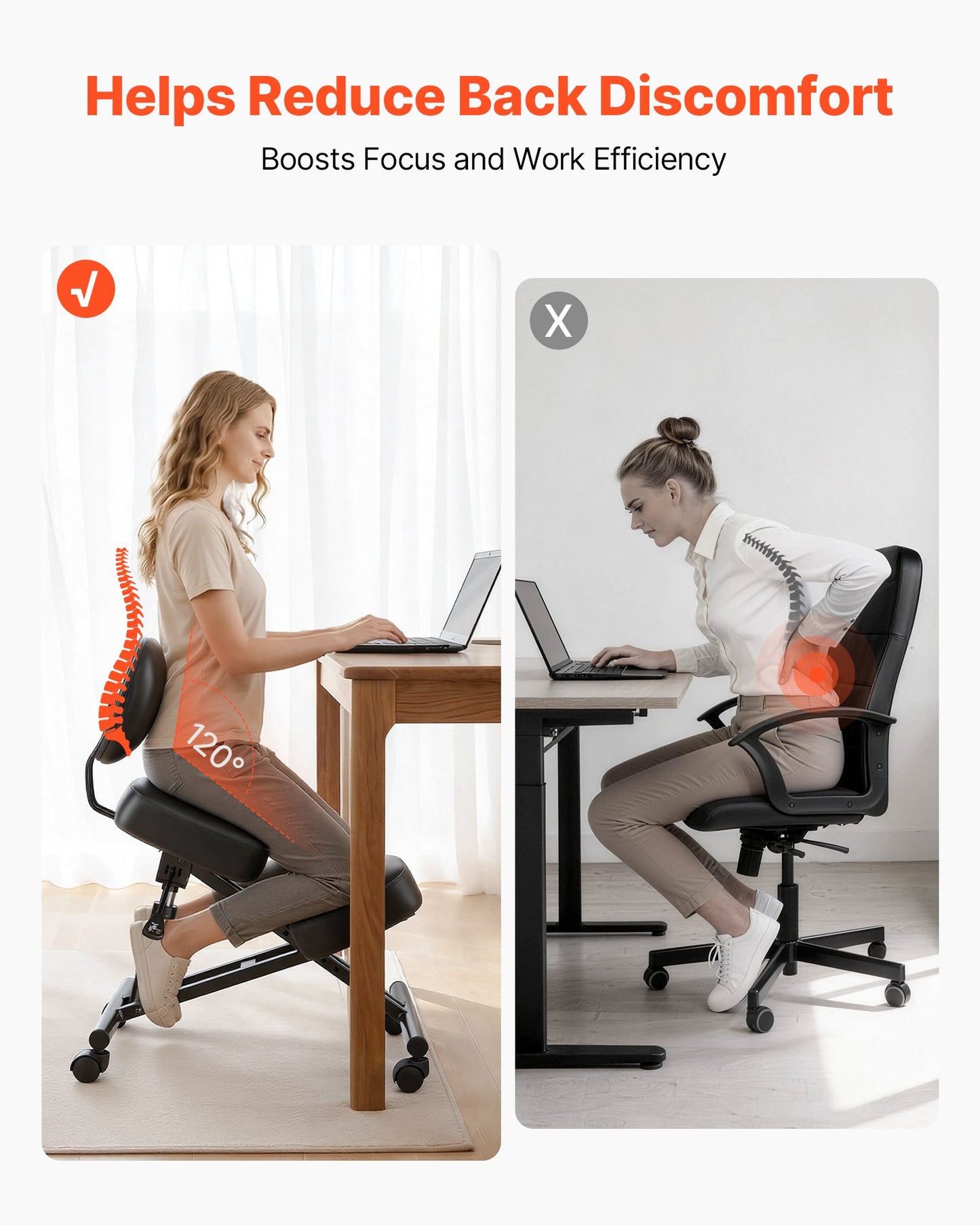 Ergonomic Kneeling Chair with Backrest & Wheels - Adjustable Height Office & Home Posture Stool