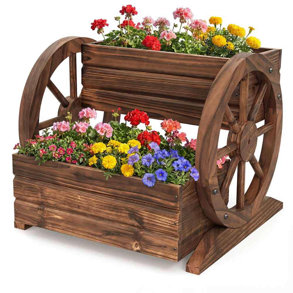 2-Tier Rustic Wood Garden Bed with Drainage & Wheels - Coffee