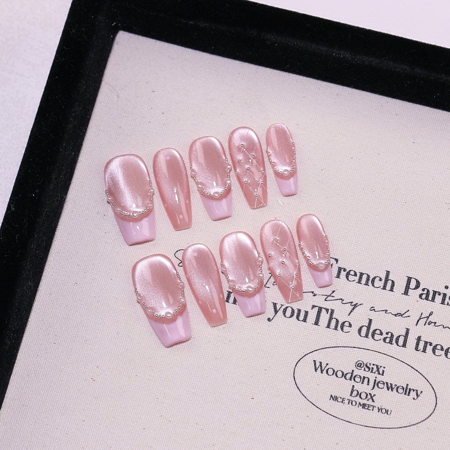French Pearl Herringbone Cat Eye Nail Stickers - Detachable Nail Art Kit
