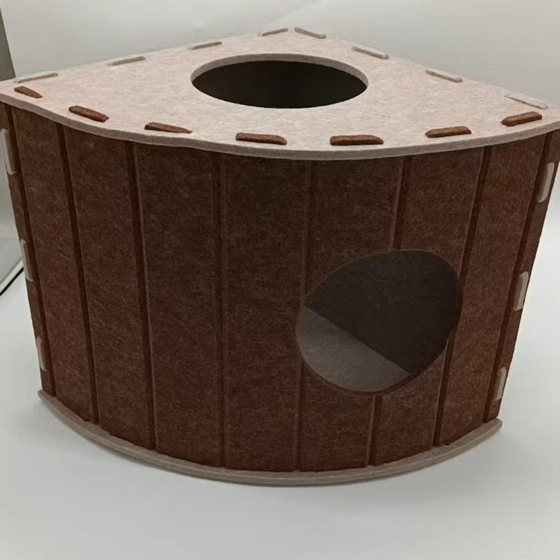 Four-Season Felt Fan-Shaped Cat Villa - Large Enclosed Scratch-Resistant Pet Bed for Multi-Cat Indoor Use - Coffee