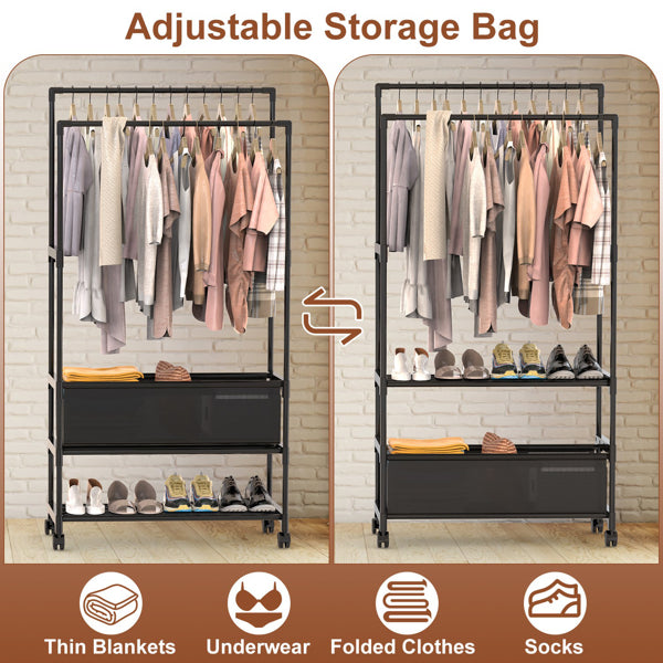 3 Tiered Portable Clothing Rack For Bedroom Entryway Double Hanging