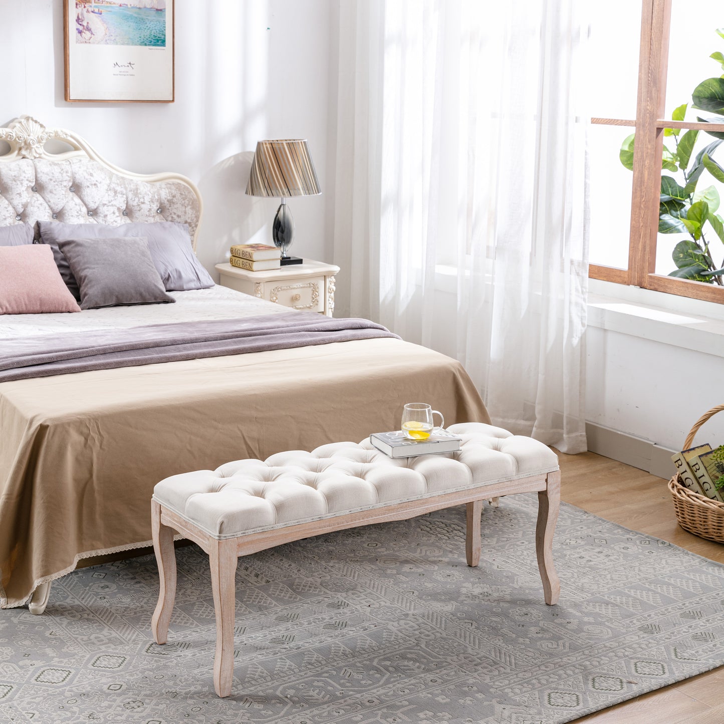 French Vintage Tufted Upholstered Bedroom Bench - Beige