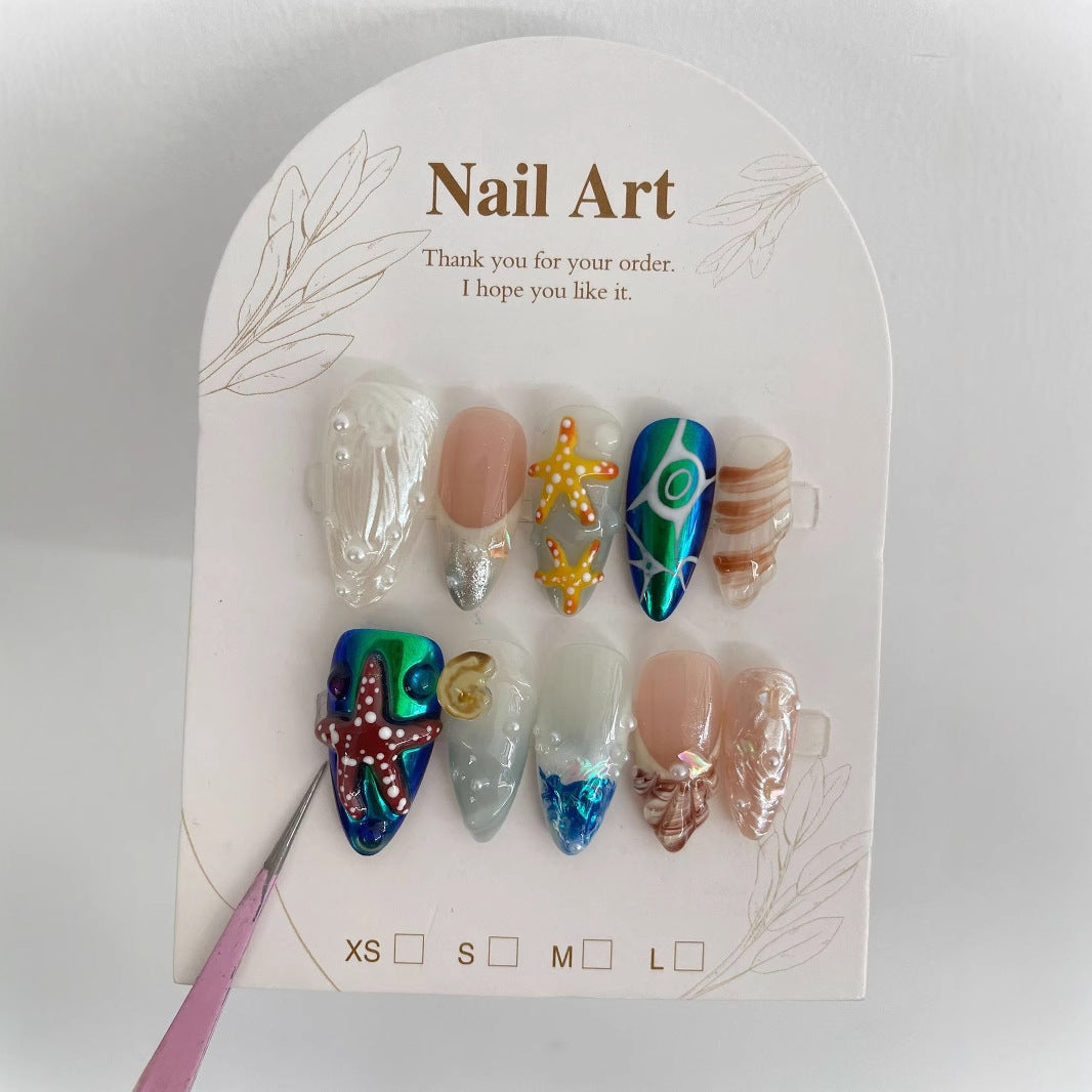 Hand-Painted Almond Press-On Nail Set - Professional Long Manicure Kit
