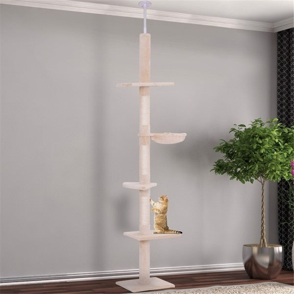 Wooden Cat Tree Tower with Multiple Platforms Adjustable Height Beige