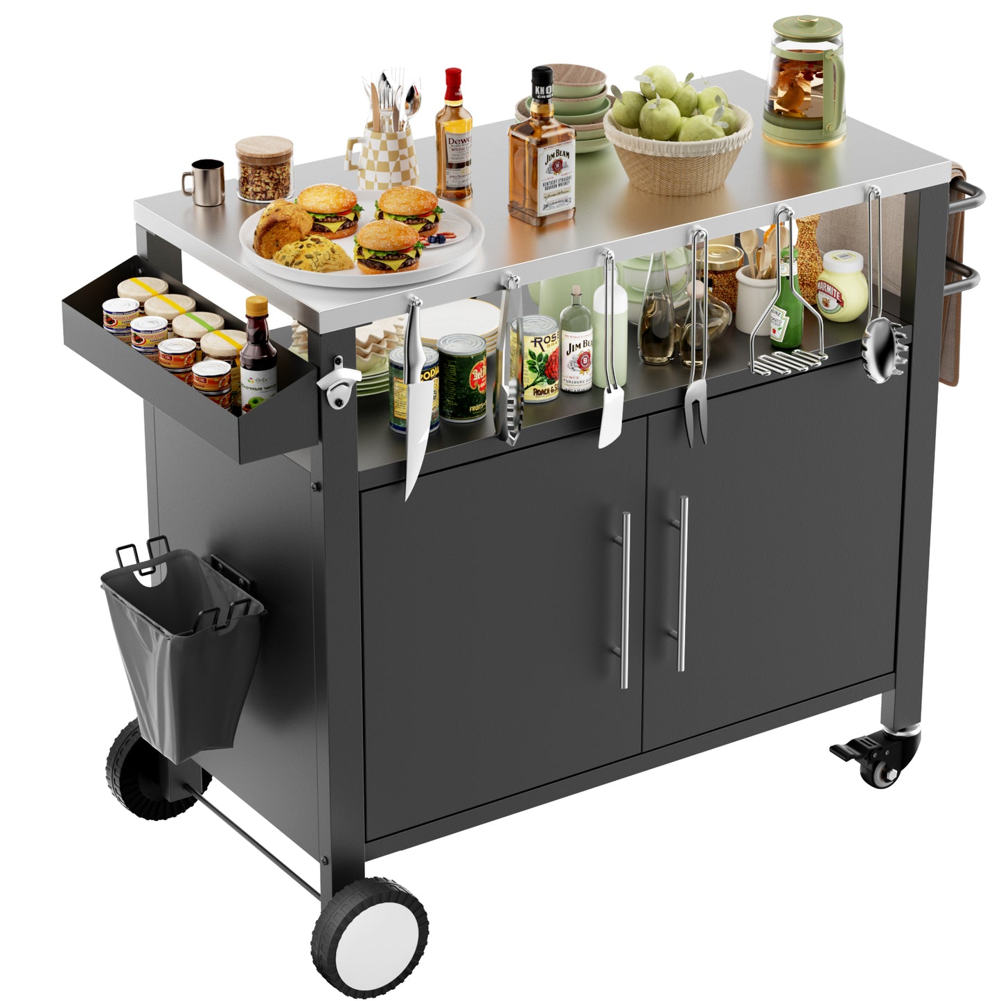 Outdoor Grill Cart with Storage and Wheels - Black Stainless Steel BBQ Trolley