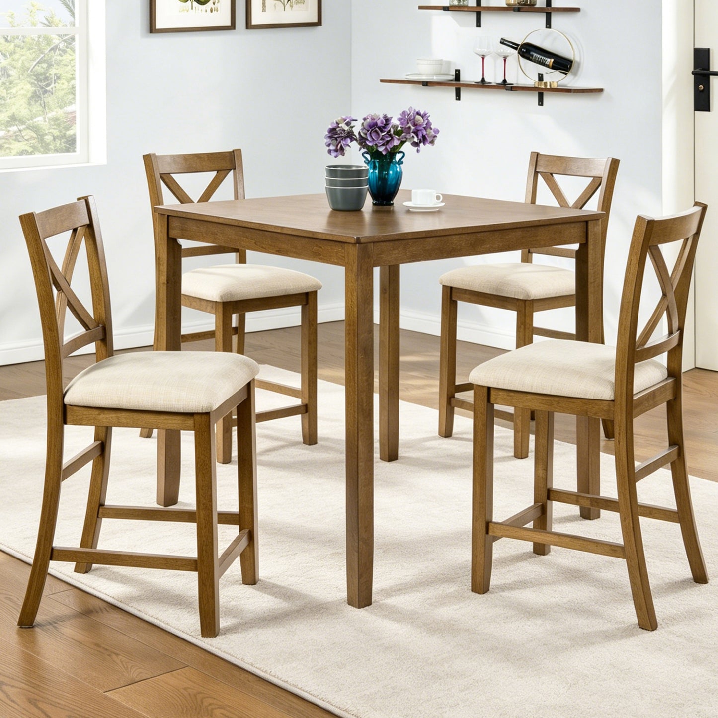 Oak Finish 5-Piece Counter Height Dining Set - Square Table & 4 Chairs