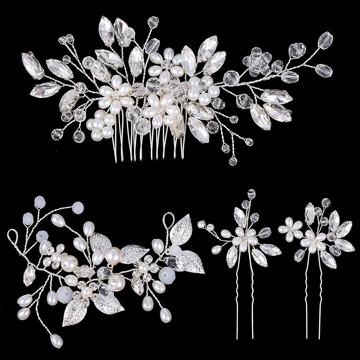 Bridal Pearl Crystal Hair Comb Set - 5pc