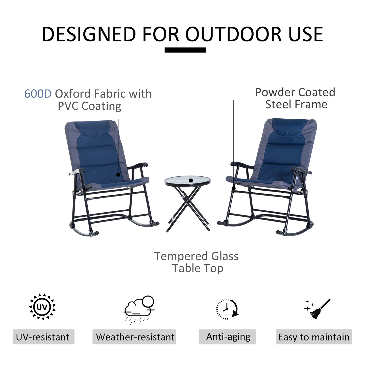 3 Piece Outdoor Folding Rocking Chair Set with Table - Blue & Gray