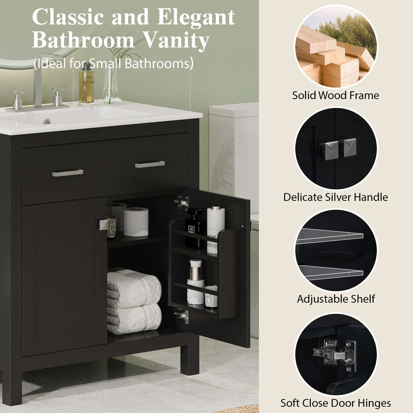30" Black Bathroom Vanity with Ceramic Sink & Soft Close Doors