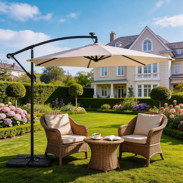 10FT Round Patio Hanging Umbrella with LED Lights - Khaki