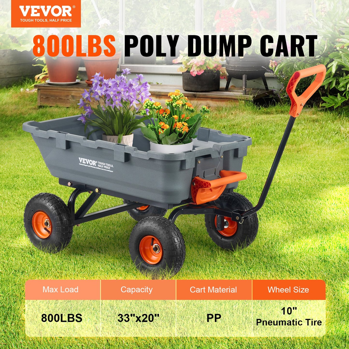 Heavy-Duty Garden Dump Cart 800 Lb Capacity with 2-in-1 Handle & Steel Frame - Black