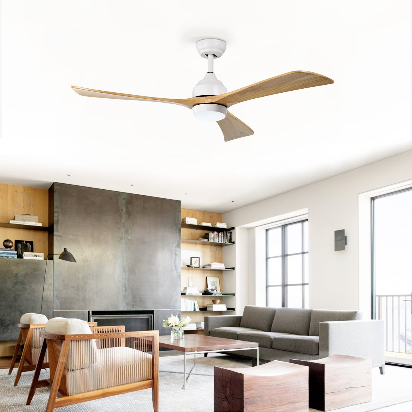 52" Solid Wood Ceiling Fan with Lights & Remote - Matte White Natural