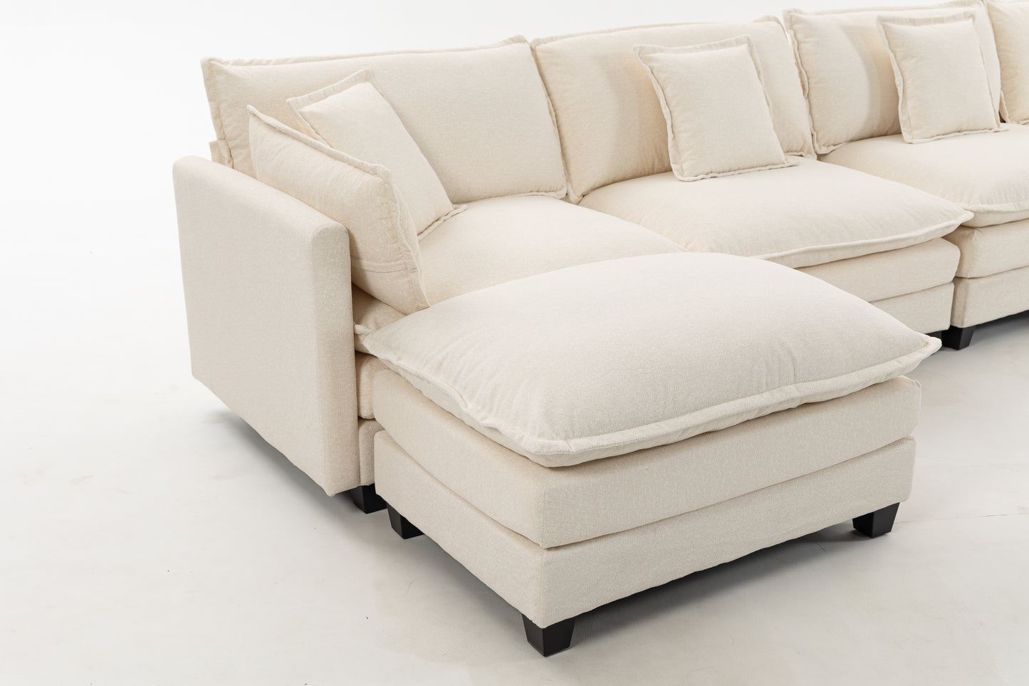 Antique White 4-Seat Sectional Sofa with Ottoman & Pillows