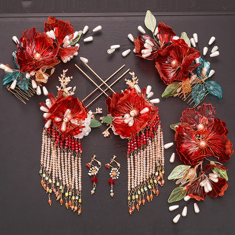 Bridal Hair Crown with Fringe - Ancient Style Flower Headdress