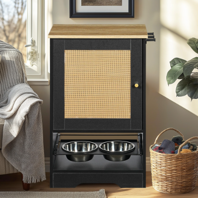 Pet Feeding Station with Storage Cabinets and Elevated Bowls - Black