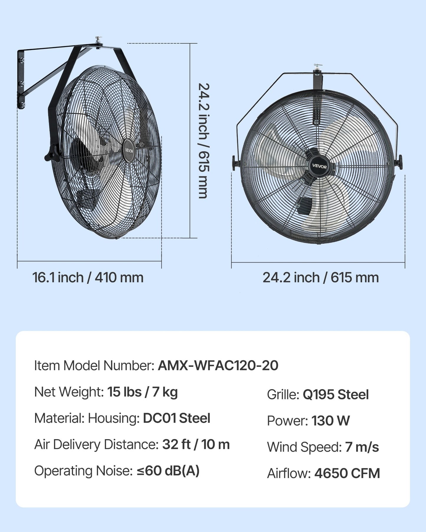 20 Inch Industrial Wall Mount Fan - High Velocity 4650 CFM with 3 Speeds for Workshop & Warehouse Cooling