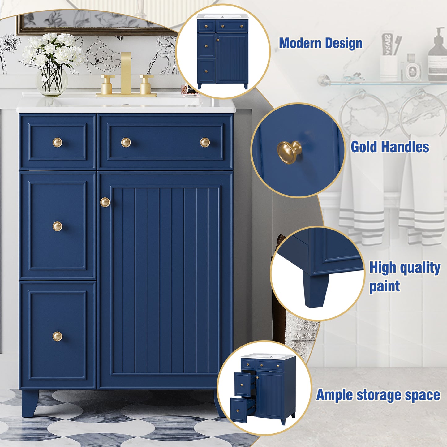 24-Inch Blue Bathroom Vanity Cabinet with Ceramic Sink & Drawers
