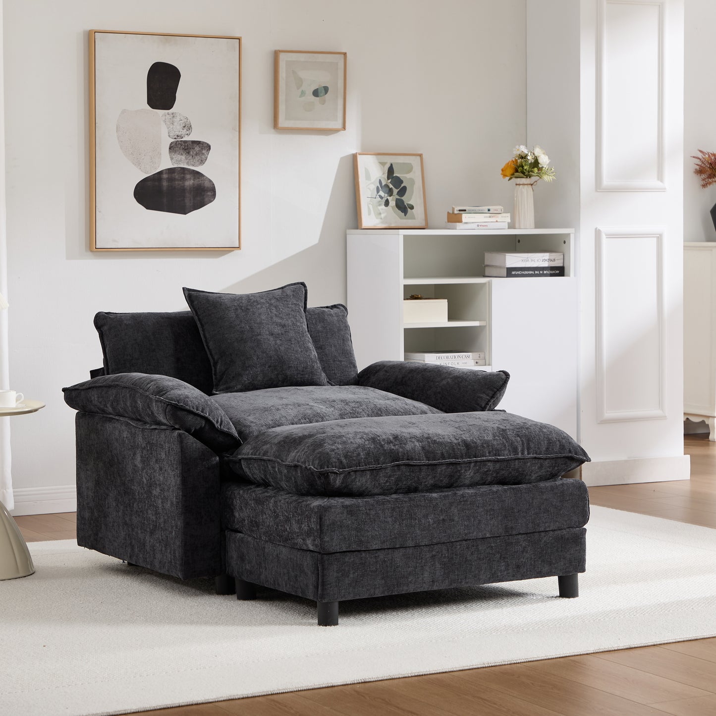 Modern Chenille Accent Chair with Ottoman - Black