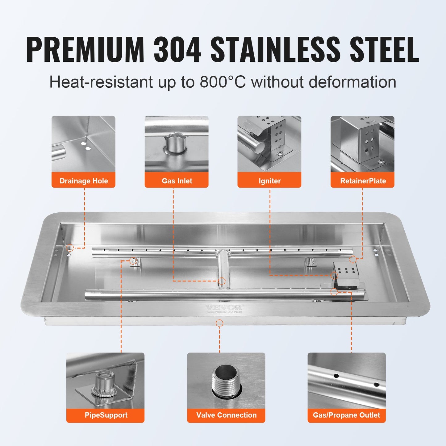 36 Inch Drop-in Fire Pit Pan Kit Stainless Steel Gas Burner for Indoor Outdoor Use
