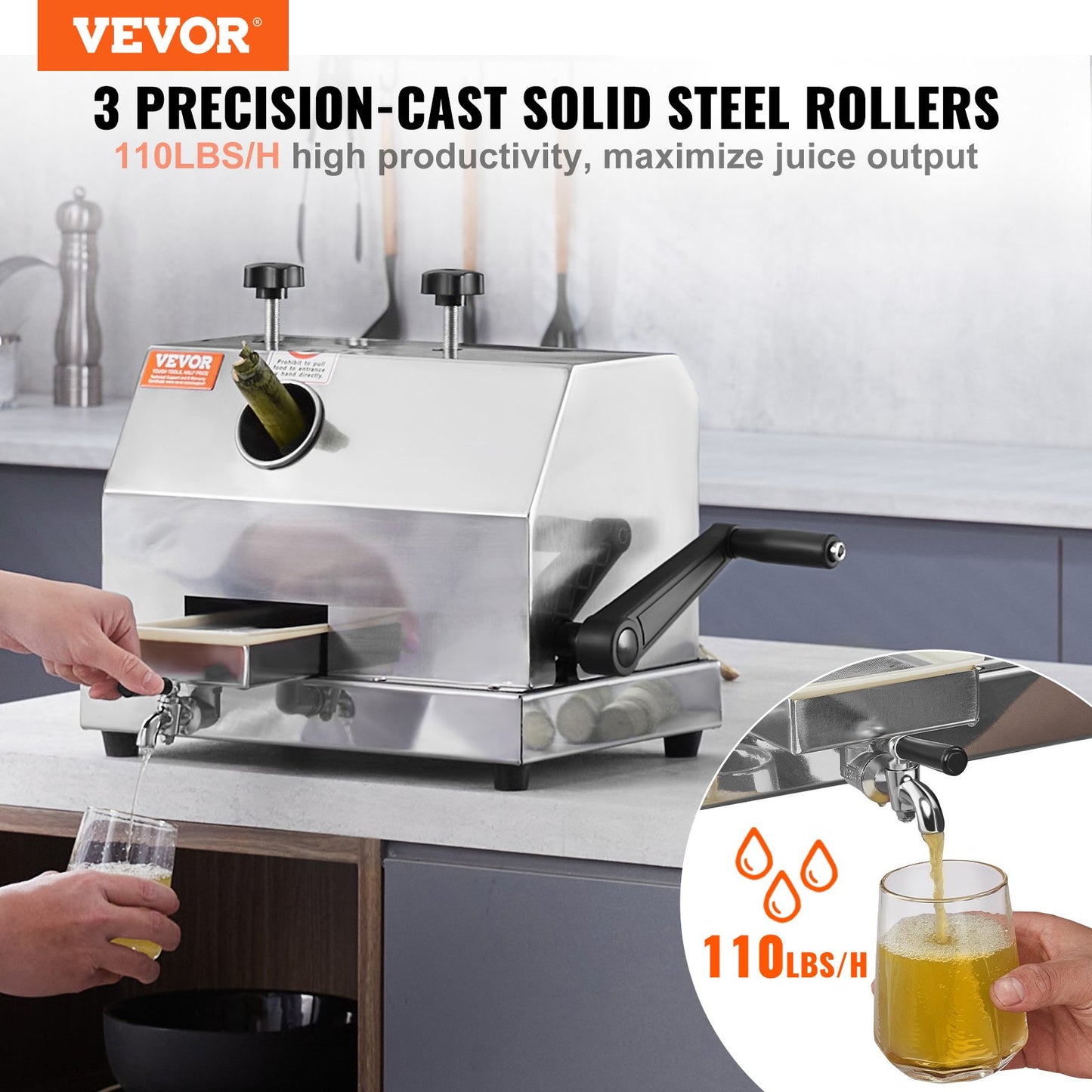 Manual Sugar Cane Juicer Machine - 110LBS/H with Stainless Steel Rollers