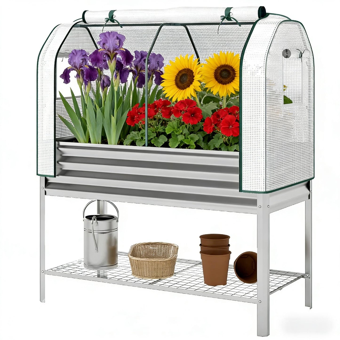 Elevated Raised Garden Bed with Greenhouse Cover - Silver