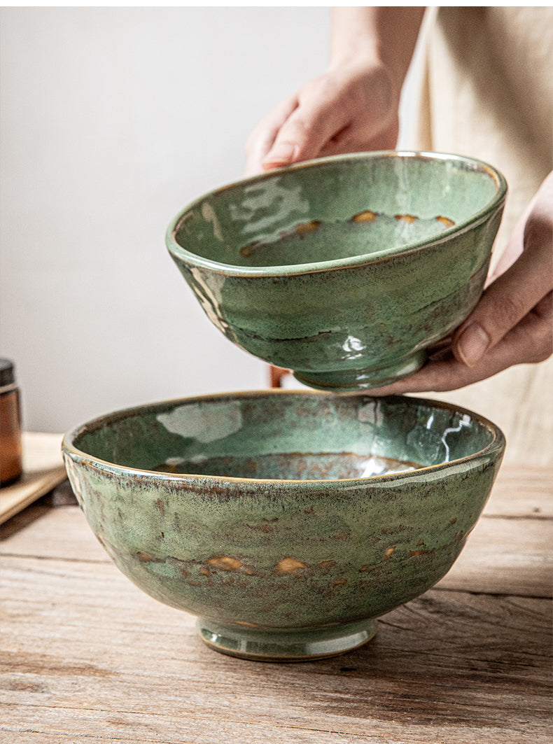 Ceramic Noodle & Rice Bowl Set - Green Glaze Kiln, 5.5 & 6.5 Inch