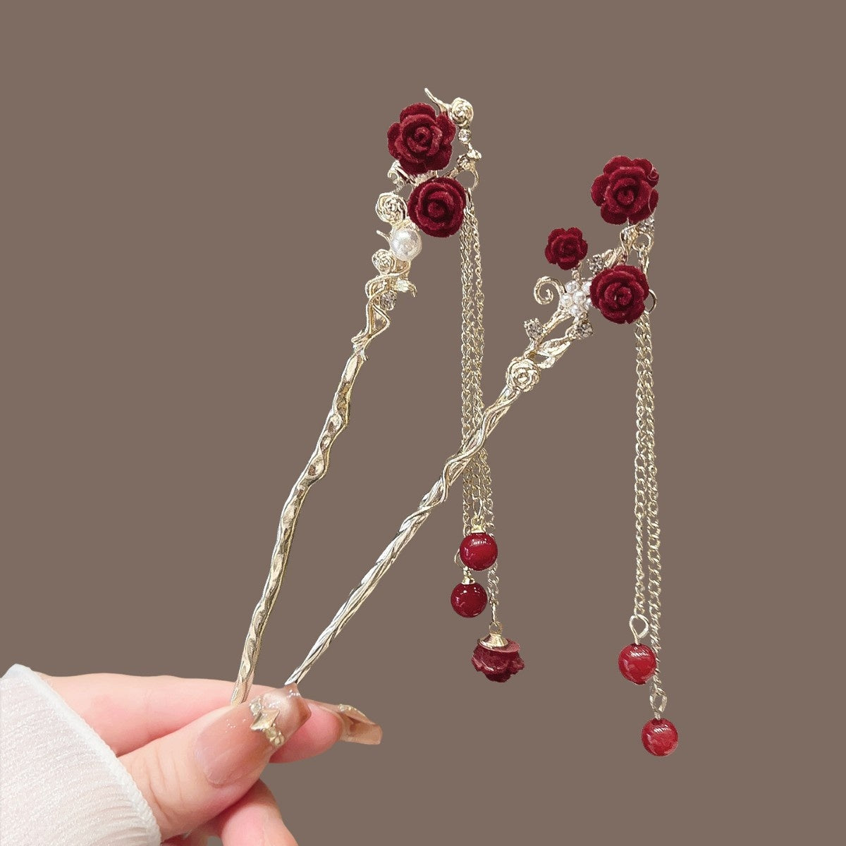 Vintage Floral Hair Stick with Red Flowers and Gold Leaves - Women’s Hair Accessory