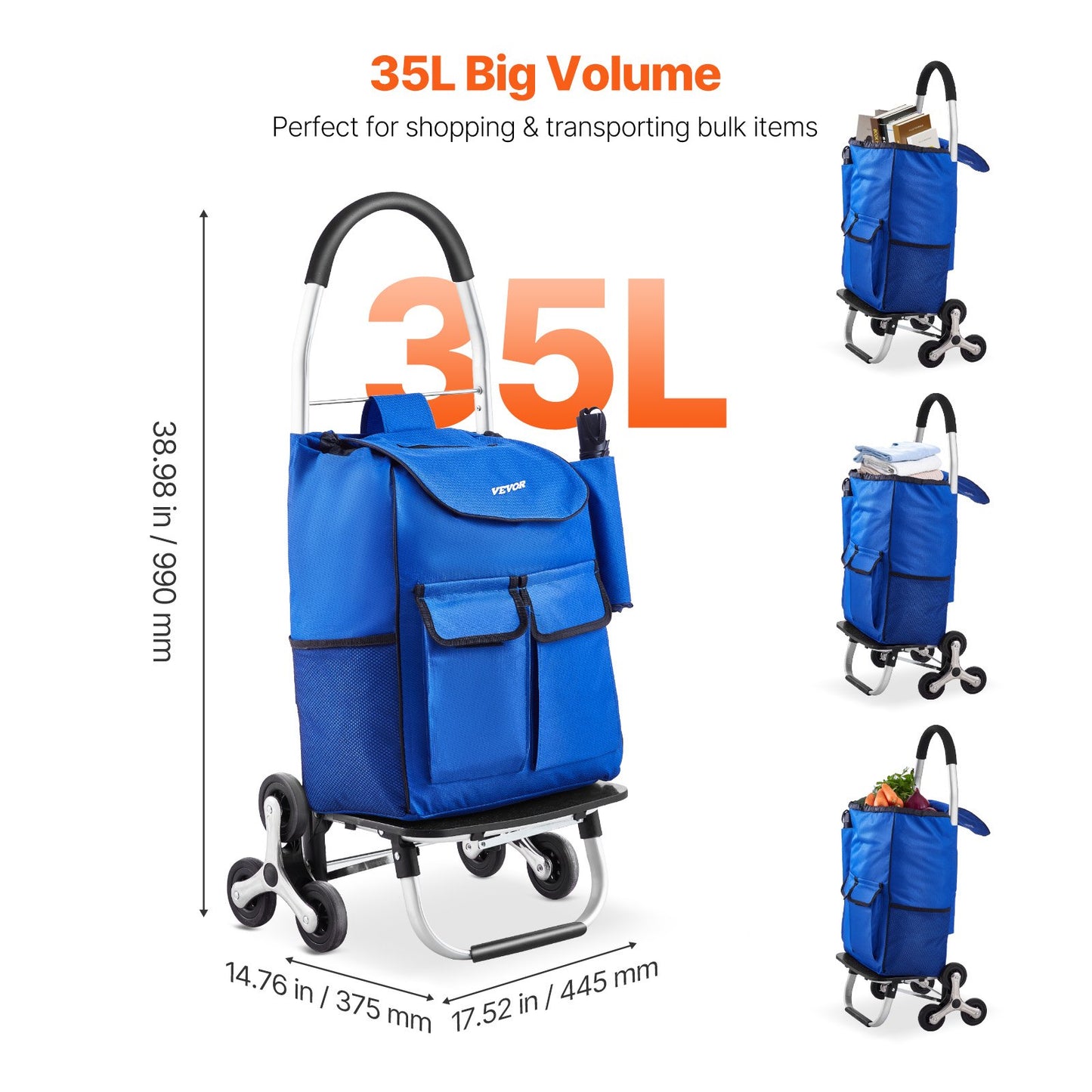 Foldable Stair Climbing Shopping Cart 36L with 6 Wheels & Storage Bag