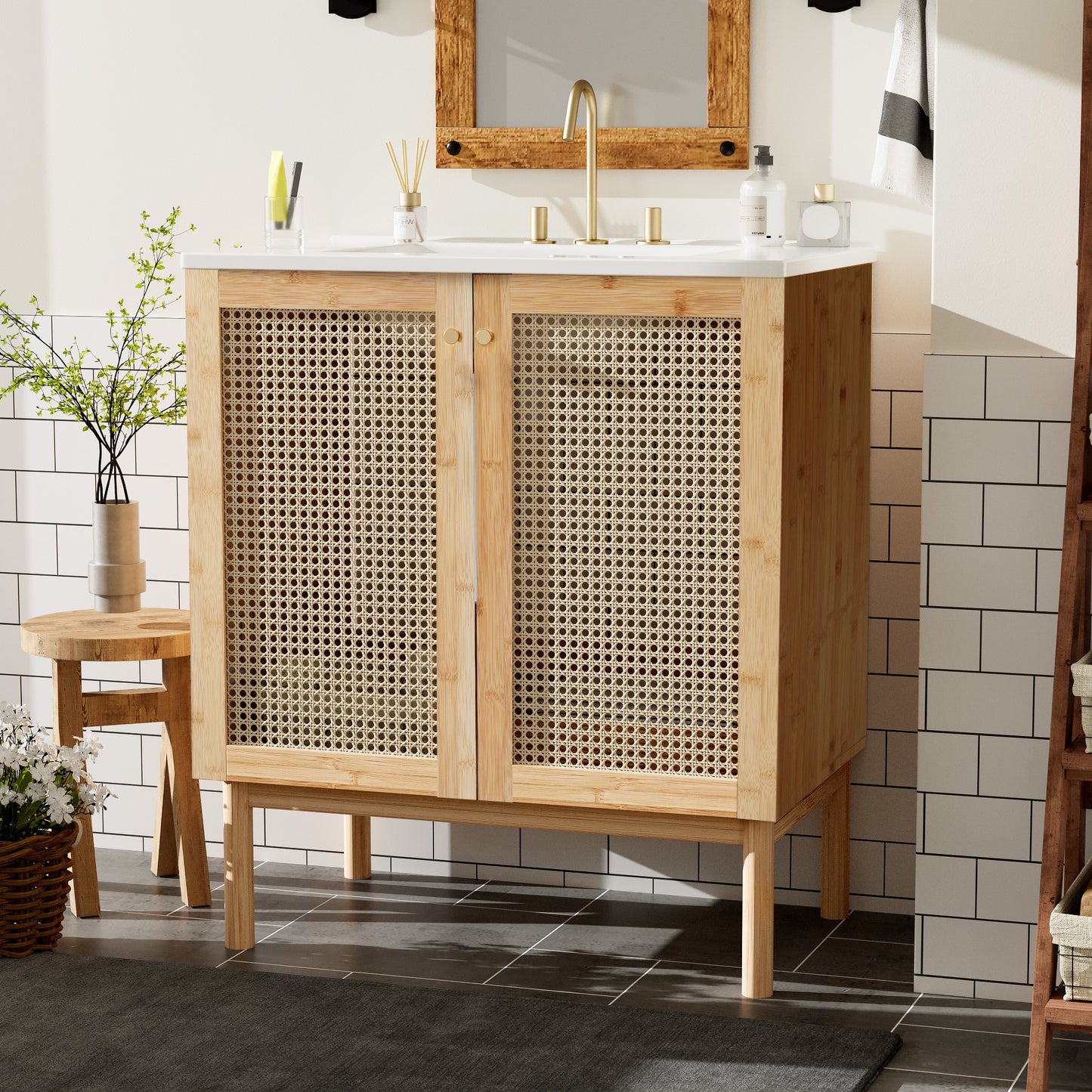 30-Inch Bathroom Vanity with Handmade Rattan Doors - Wood