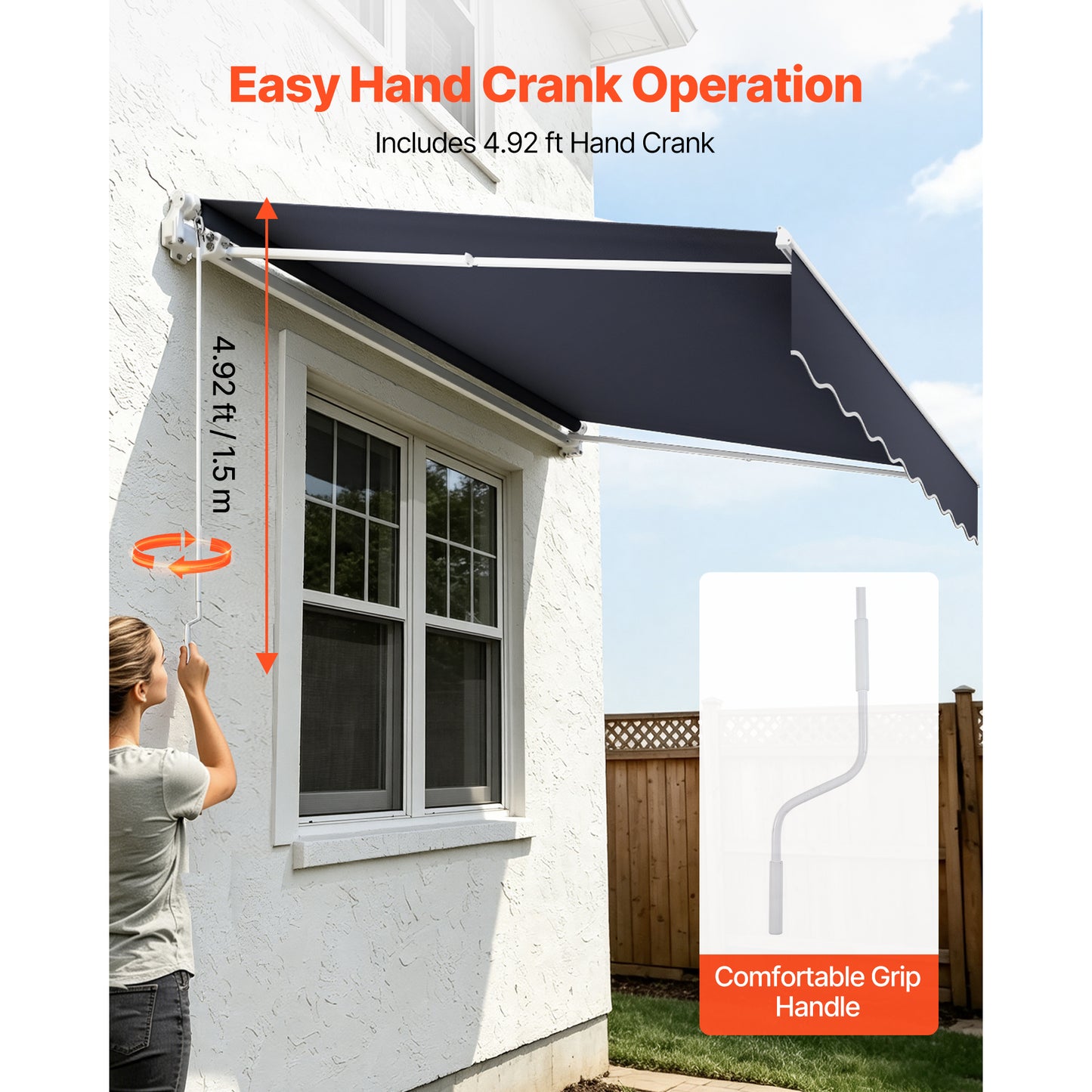 Outdoor Retractable Sun Shade Awning 9.8x8.2 Ft Water-Resistant Polyester Shelter with Crank Handle for Patio, Deck, Balcony, Yard - Gray
