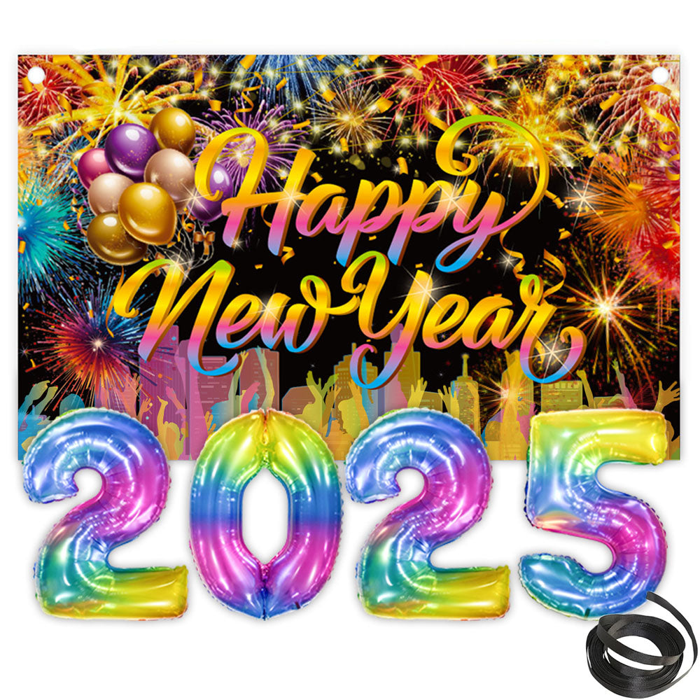 Happy New Year Party Decorations Set - 32 Inch Balloons & Banner