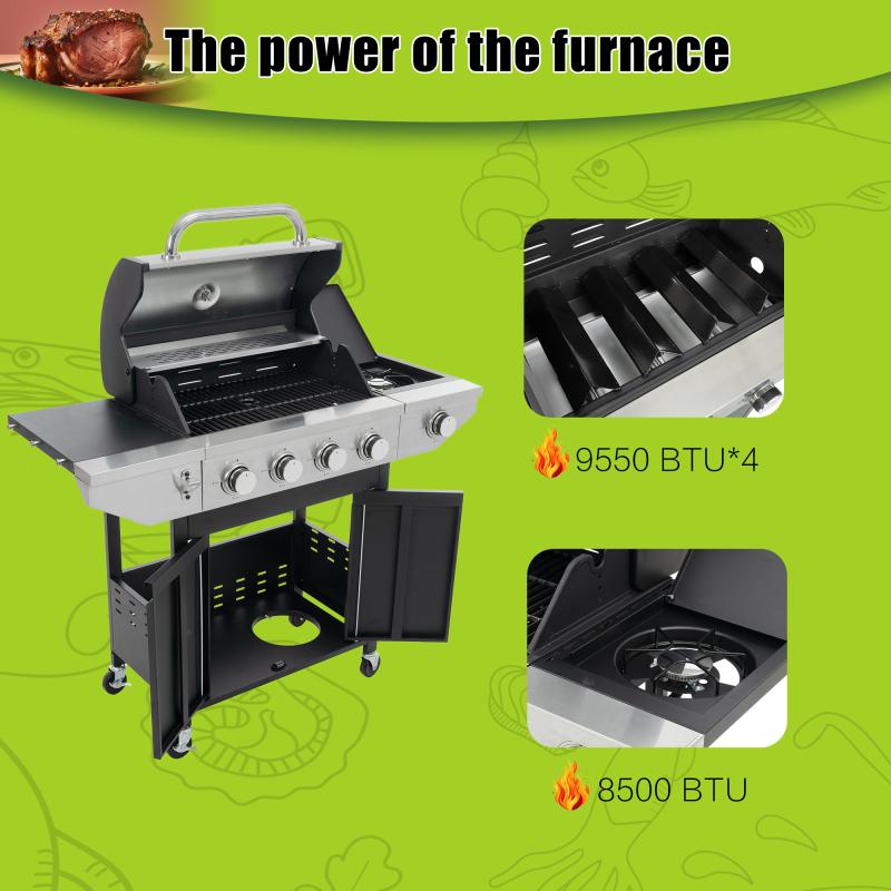 Stainless Steel Propane Gas Grill with Side Burners - Black