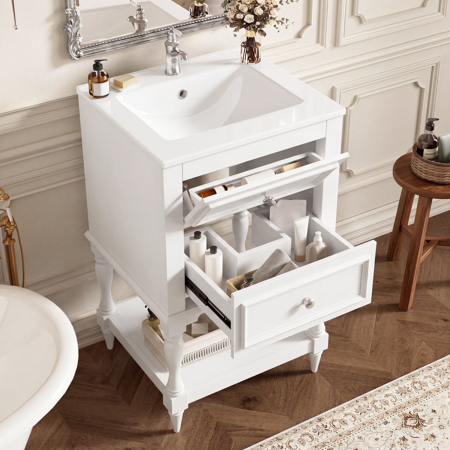 20'' White Bathroom Vanity with Ceramic Sink & Storage Cabinet