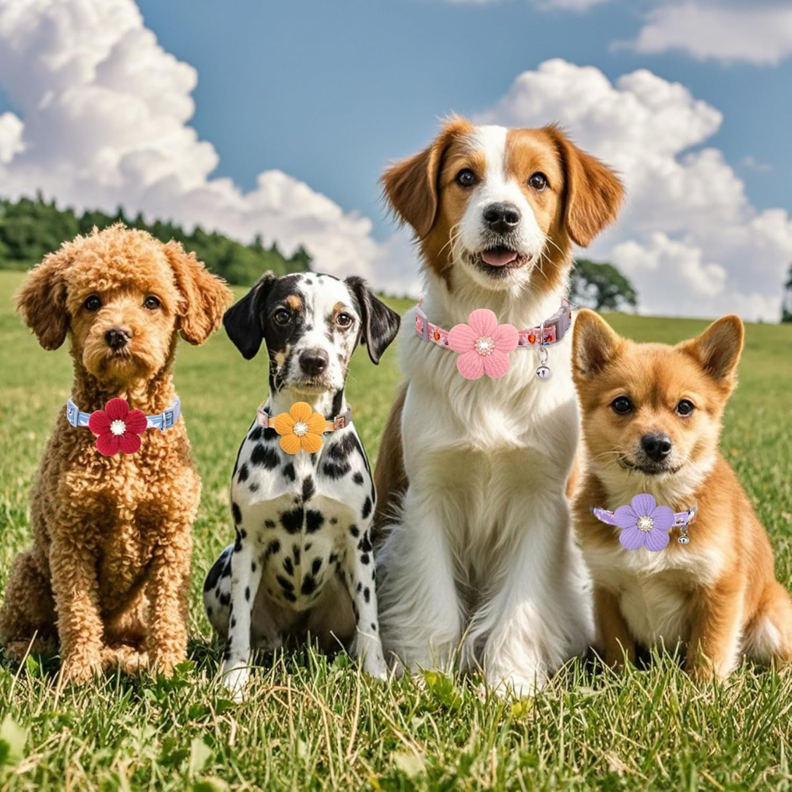 Small Dog Collar with Flower and Bell - Adjustable Spring Pet Necklace for Small Dogs