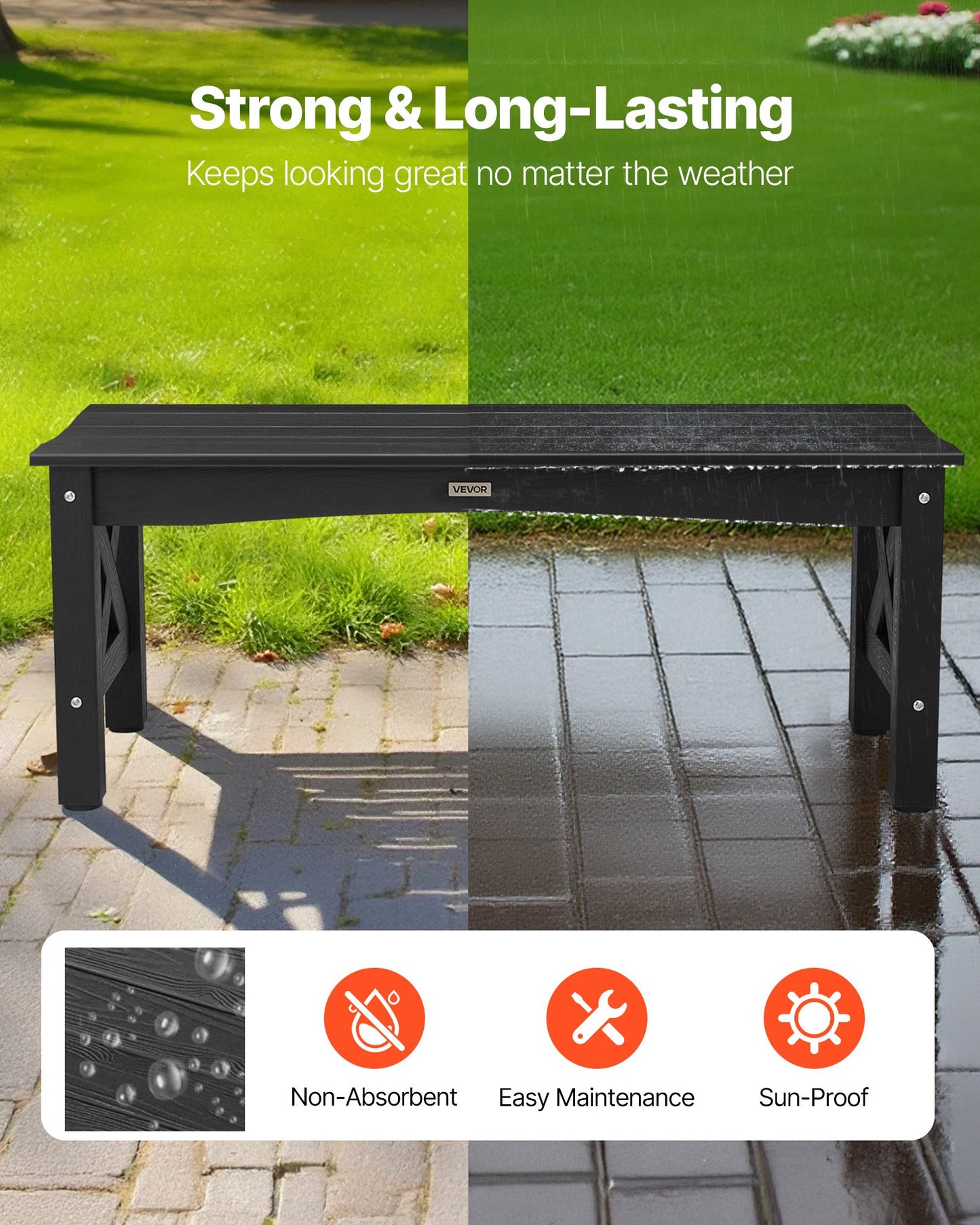 Weatherproof Outdoor Bench 44.5 Inch Plastic Patio Seating Black Supports 600 Lbs