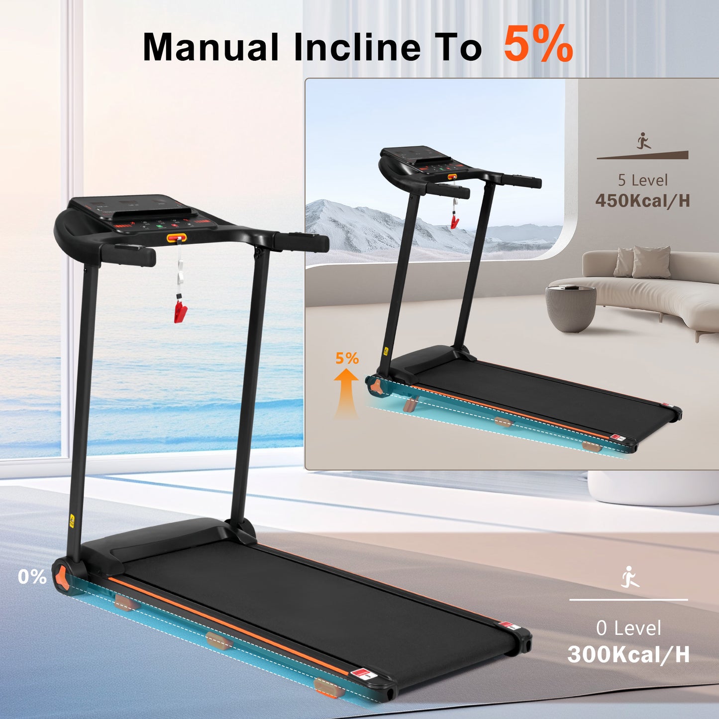 2.5HP Folding Treadmill with Heart Rate Sensor - Black