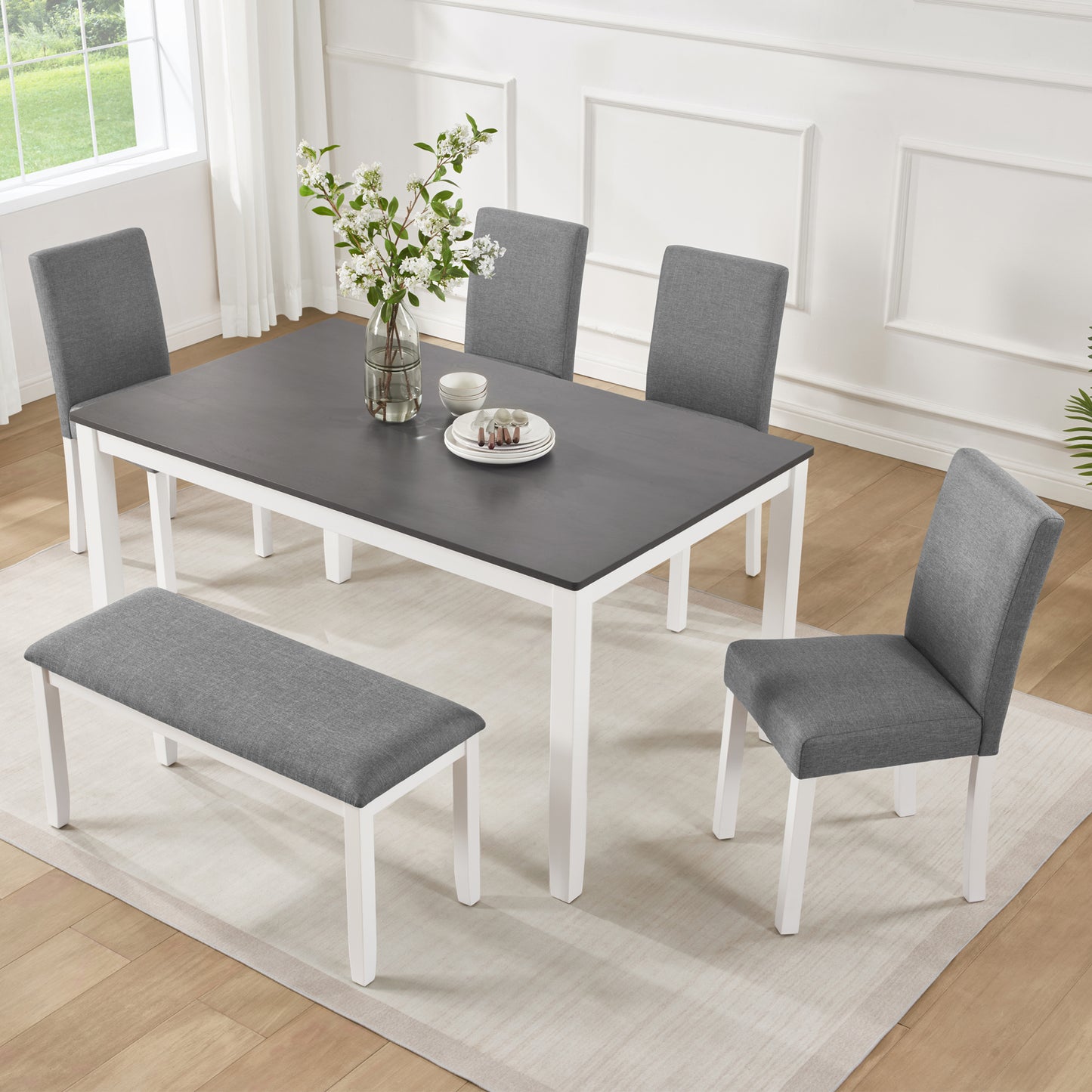 6-Piece Wooden Dining Table Set with Bench & Chairs - Grey/White