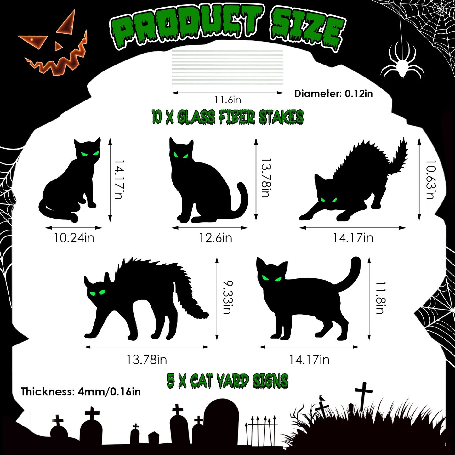 Glow In The Dark Halloween Yard Sign Set - 6 Pcs Skeleton & Cat
