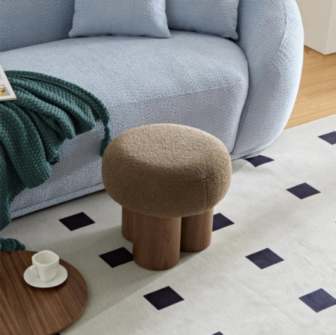 W8017-1 Mushroom Stool, Brown Lamb Wool Seat, Barrel PVC Pipe With