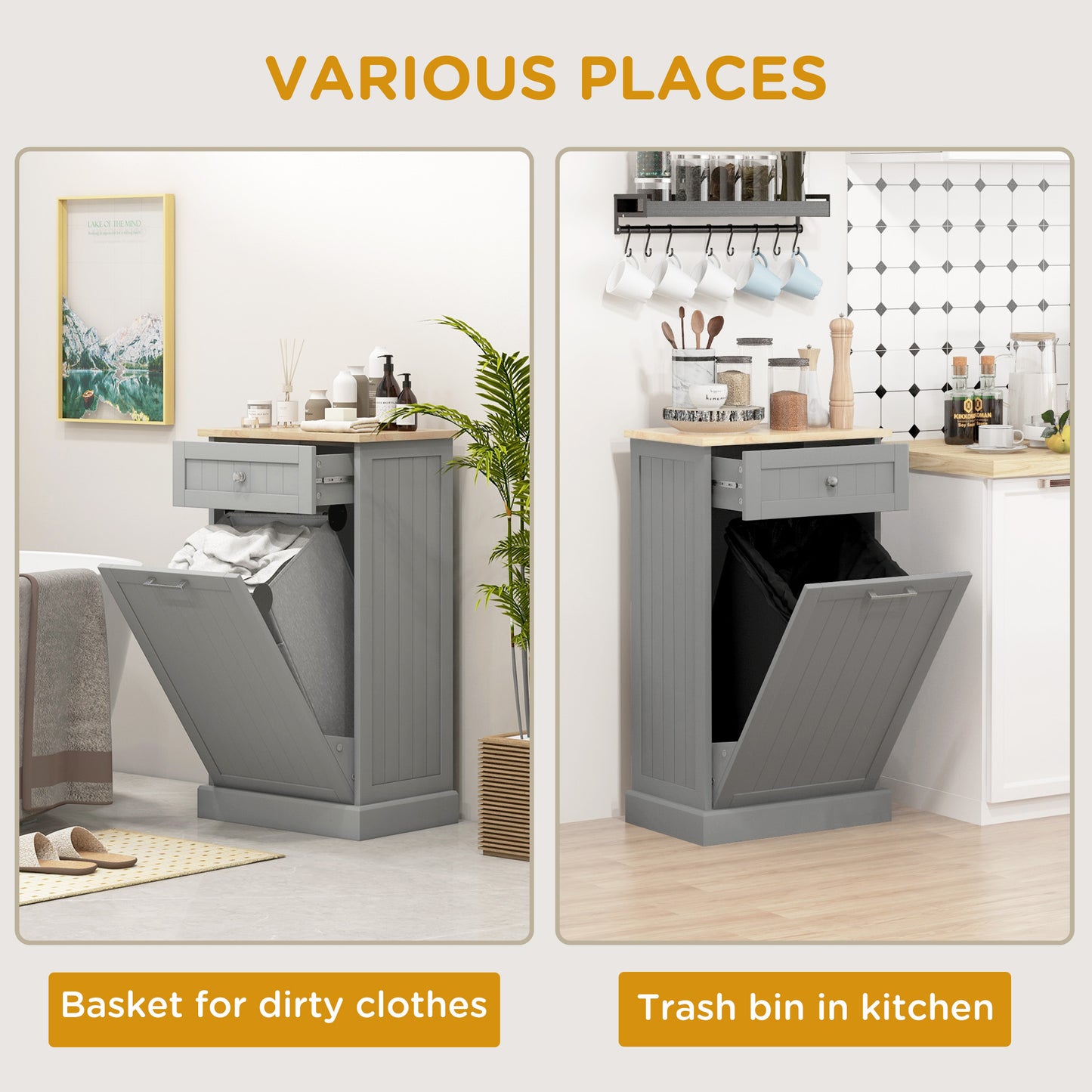 Tilt-Out Trash Bin Cabinet with Drawer - Gray Kitchen Organizer