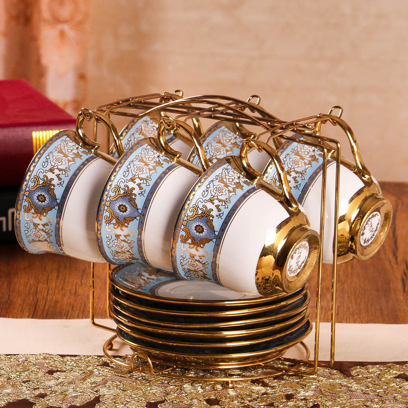 European-Style Bone China Coffee Set for 6 with Cups, Saucers & Rack - Housewarming Gift