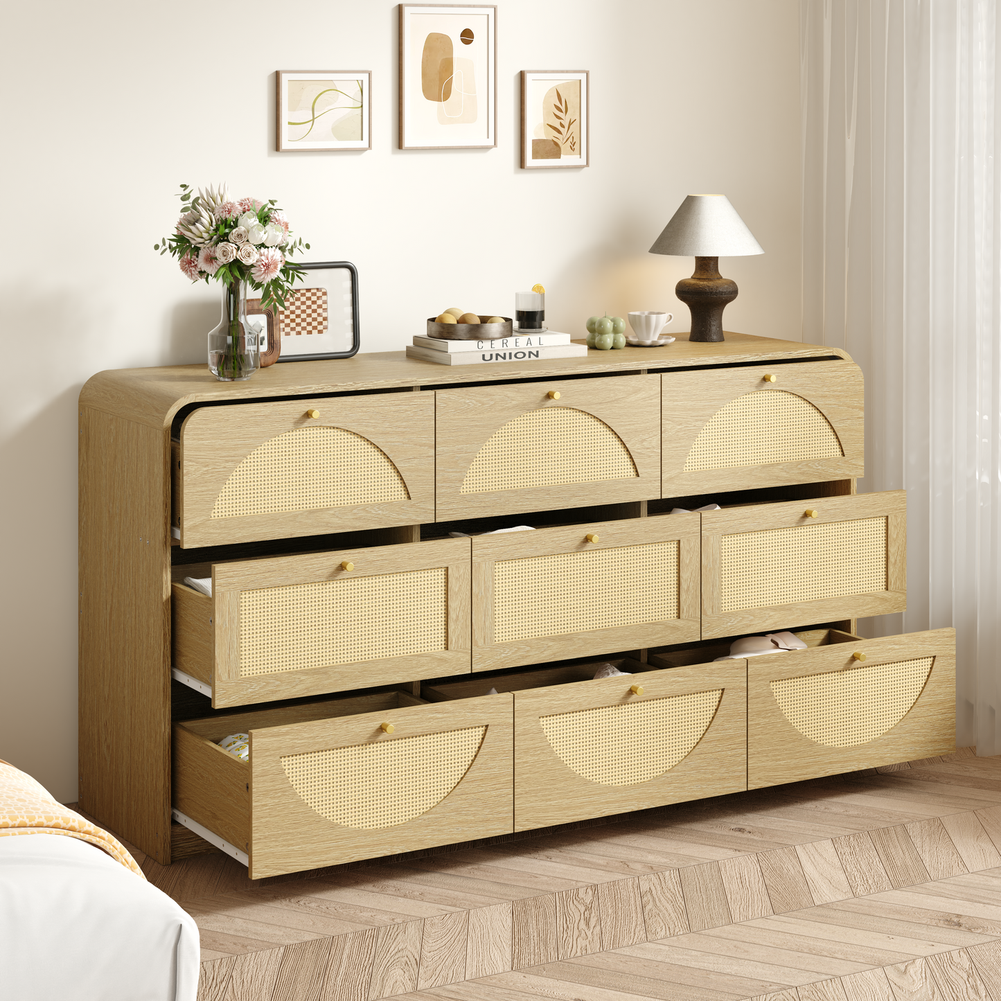 9-Drawer Rattan Dresser - Modern Walnut Storage Cabinet