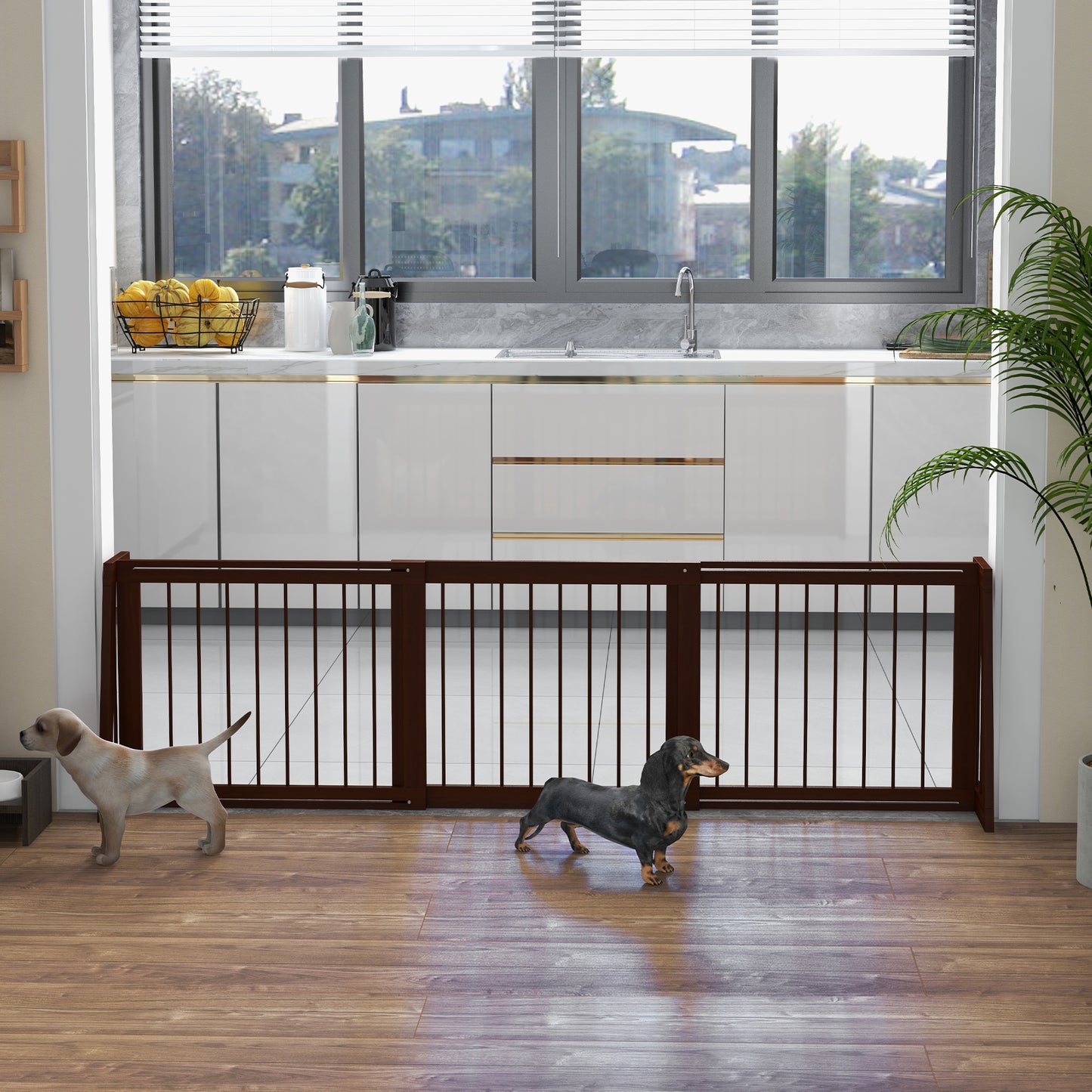 Adjustable Freestanding Wooden Pet Gate 28-75 Inches with Non-Slip Mats - Brown