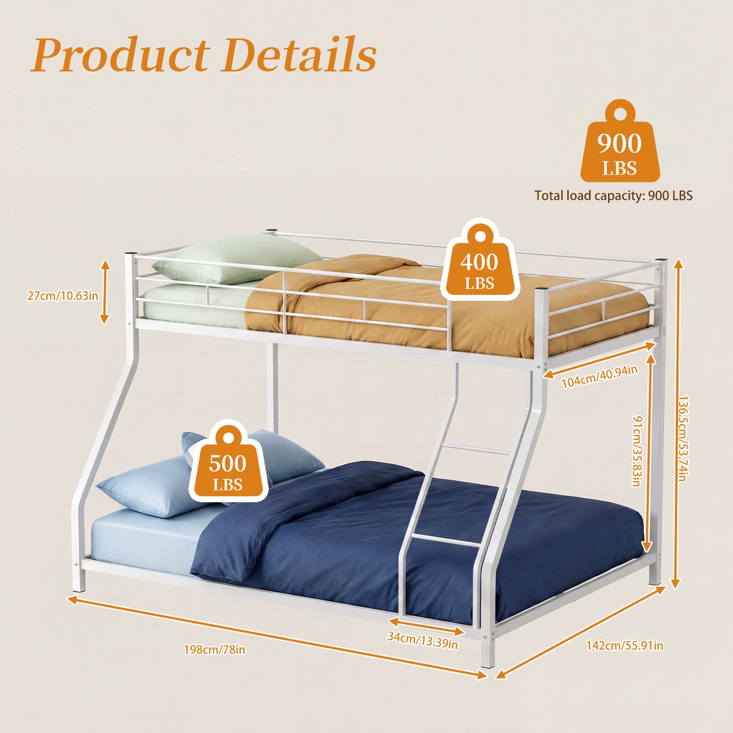 Heavy Duty Twin Over Full Metal Bunk Bed Frame with Ladder