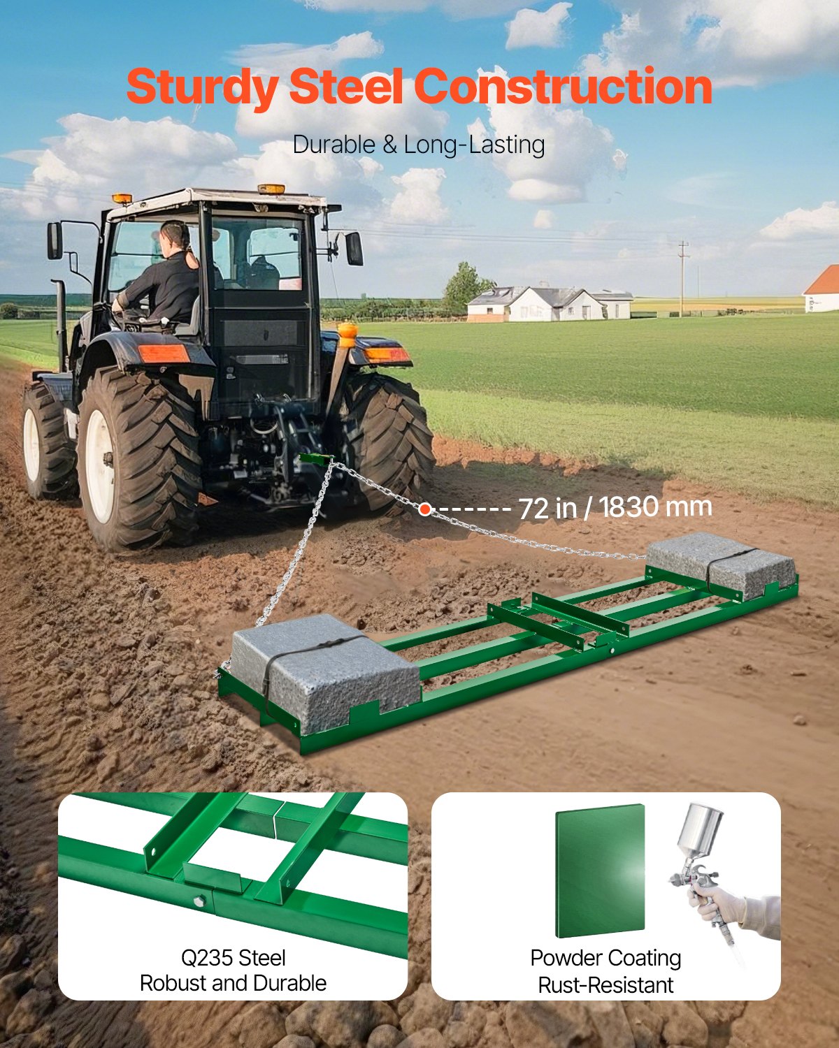 8 Ft Heavy Duty Tow Behind Drag Harrow Garden Soil Leveler Rake